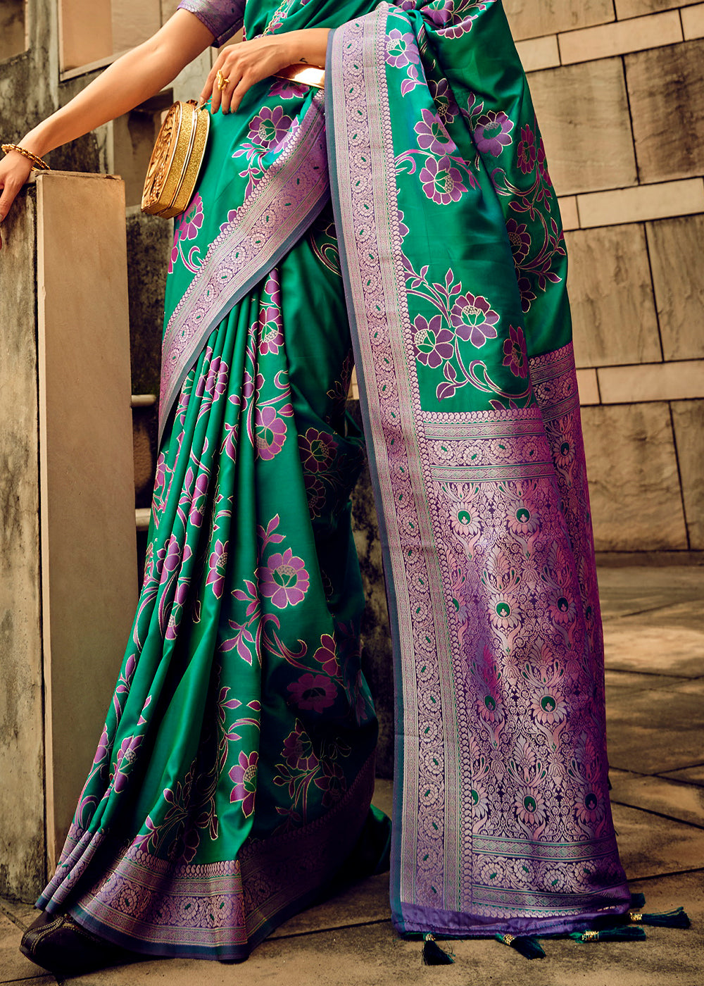 Jade Green Handloom Woven Satin Silk Saree with Floral Motifs