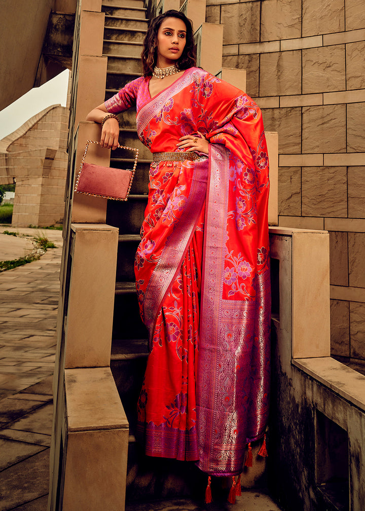 Aerospace Orange Handloom Woven Satin Silk Saree with Floral Motifs