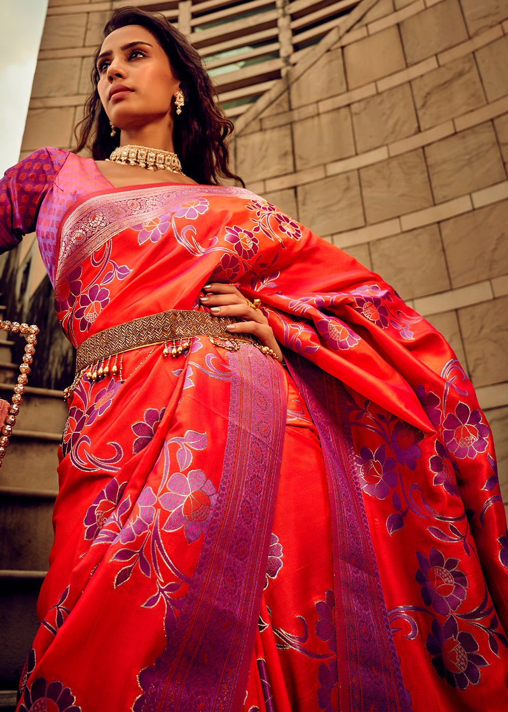 Aerospace Orange Handloom Woven Satin Silk Saree with Floral Motifs