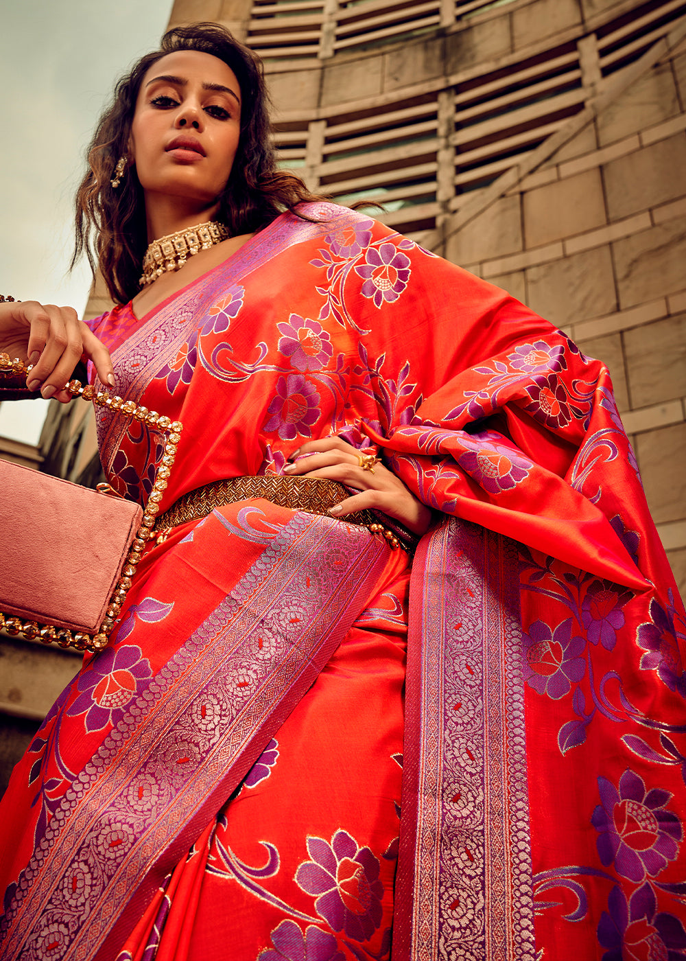 Aerospace Orange Handloom Woven Satin Silk Saree with Floral Motifs