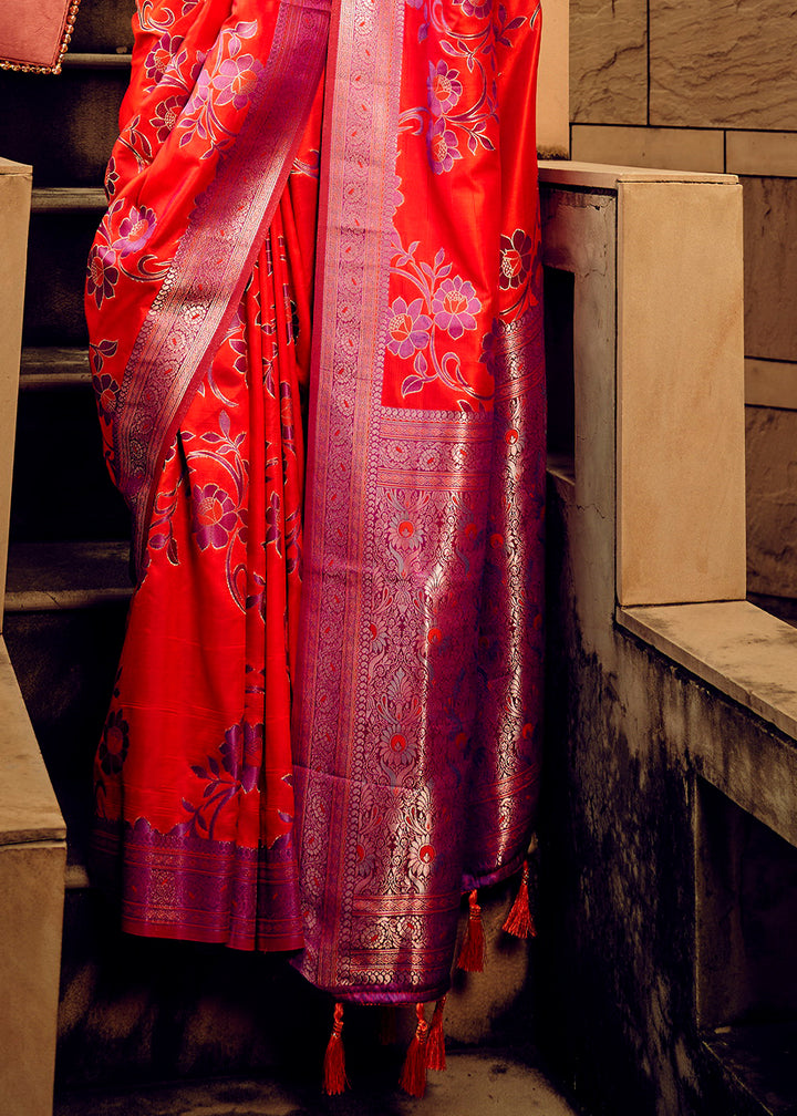 Aerospace Orange Handloom Woven Satin Silk Saree with Floral Motifs