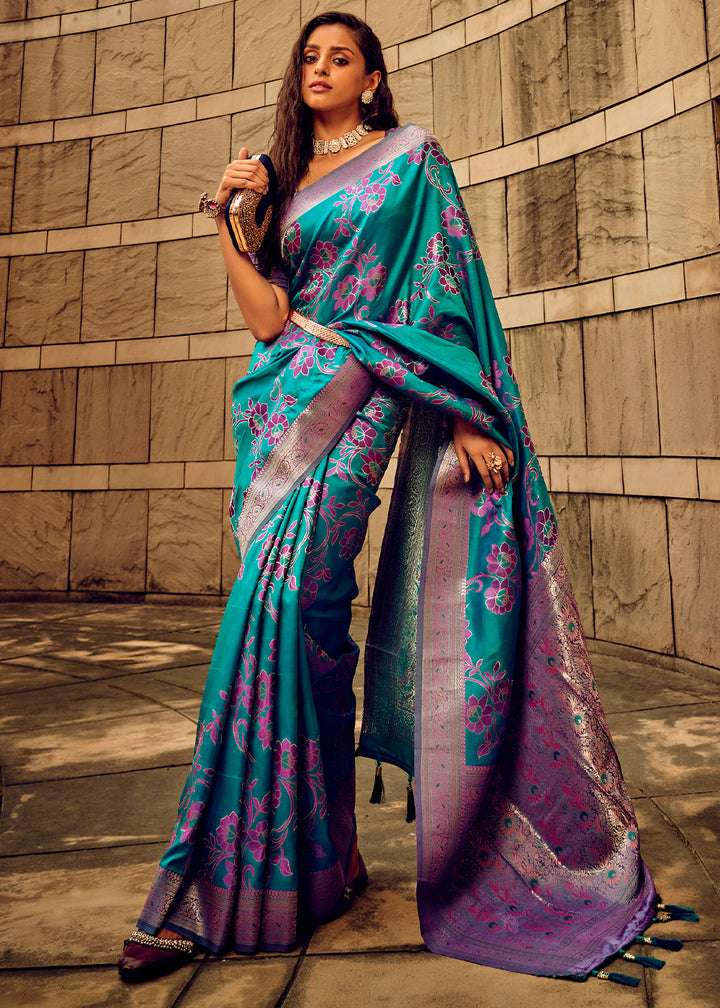 Pacific Blue Handloom Woven Satin Silk Saree with Floral Motifs