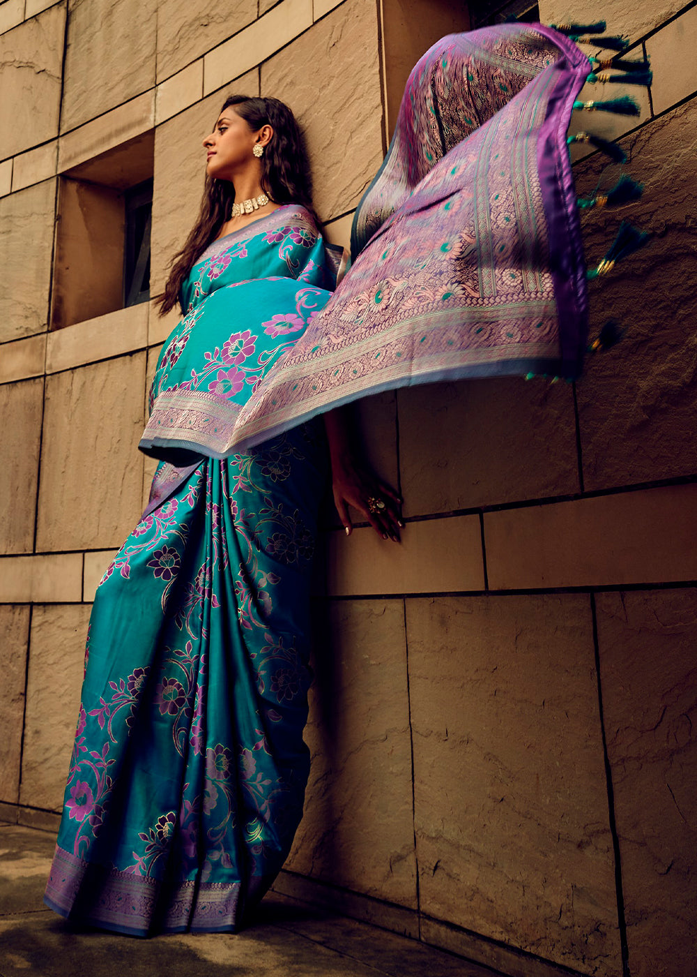 Pacific Blue Handloom Woven Satin Silk Saree with Floral Motifs