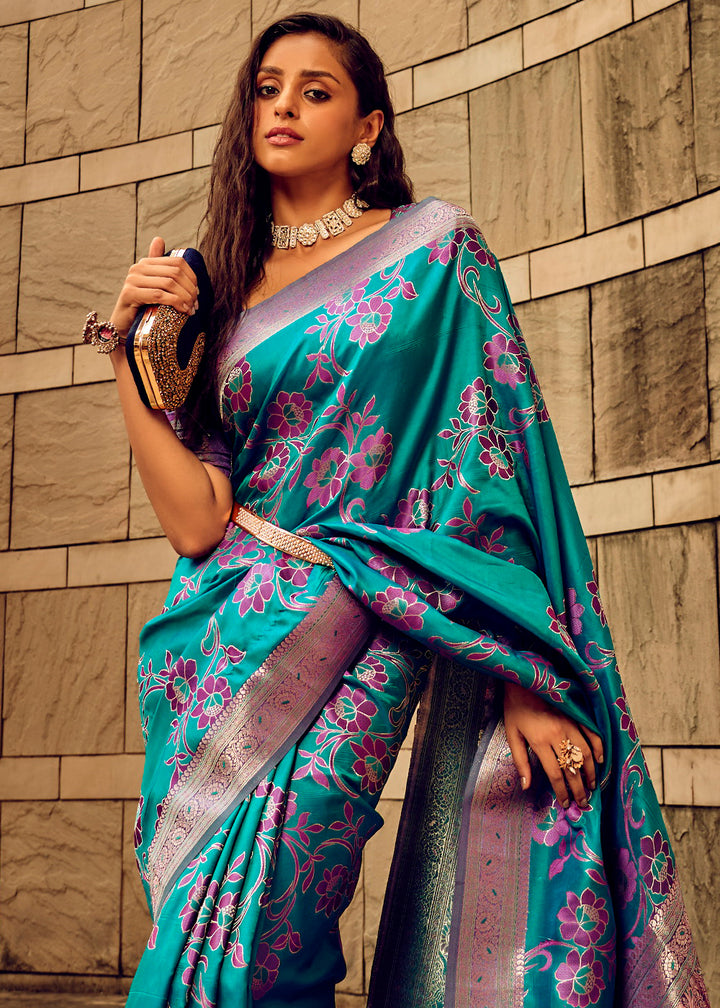 Pacific Blue Handloom Woven Satin Silk Saree with Floral Motifs