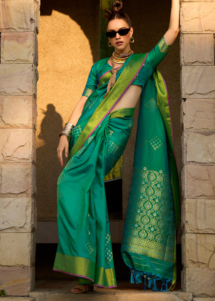 Shamrock Green Handloom Satin Silk Saree - Woven to Perfection