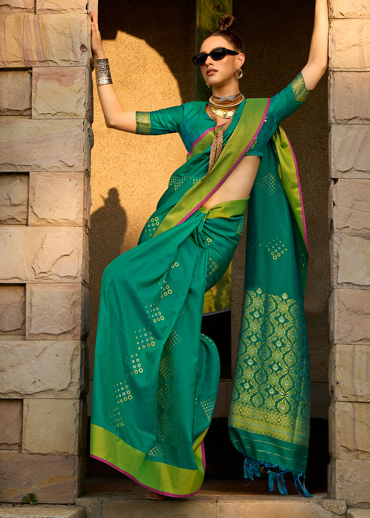 Shamrock Green Handloom Satin Silk Saree - Woven to Perfection