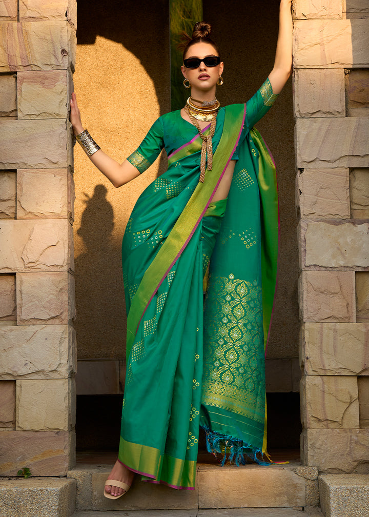 Shamrock Green Handloom Satin Silk Saree - Woven to Perfection