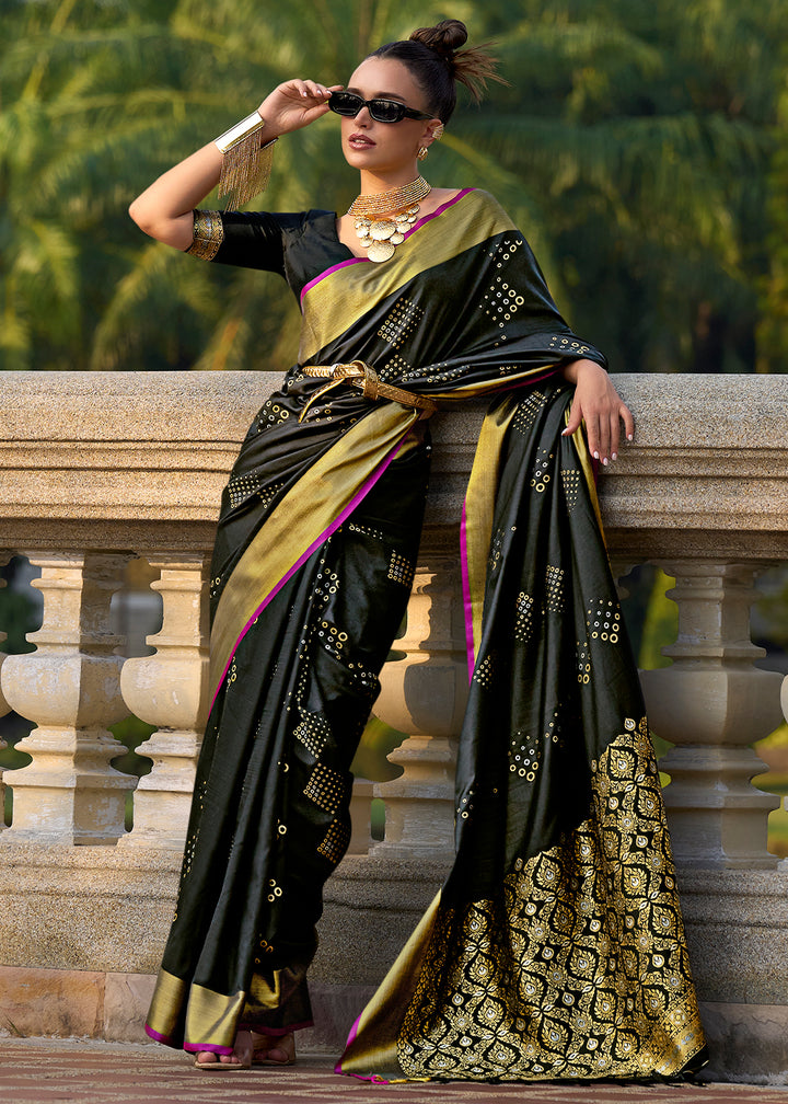 Midnight Black Handloom Satin Silk Saree - Woven to Perfection