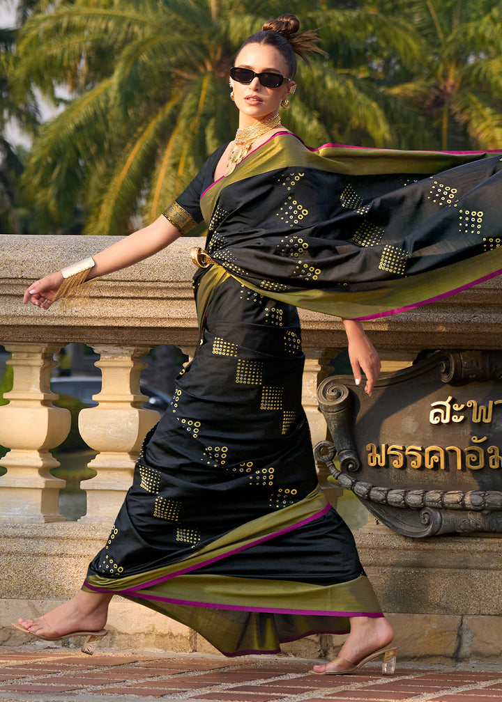 Midnight Black Handloom Satin Silk Saree - Woven to Perfection