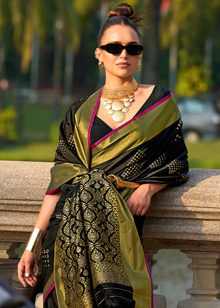 Midnight Black Handloom Satin Silk Saree - Woven to Perfection