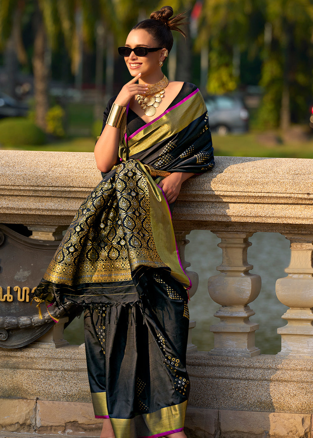 Midnight Black Handloom Satin Silk Saree - Woven to Perfection