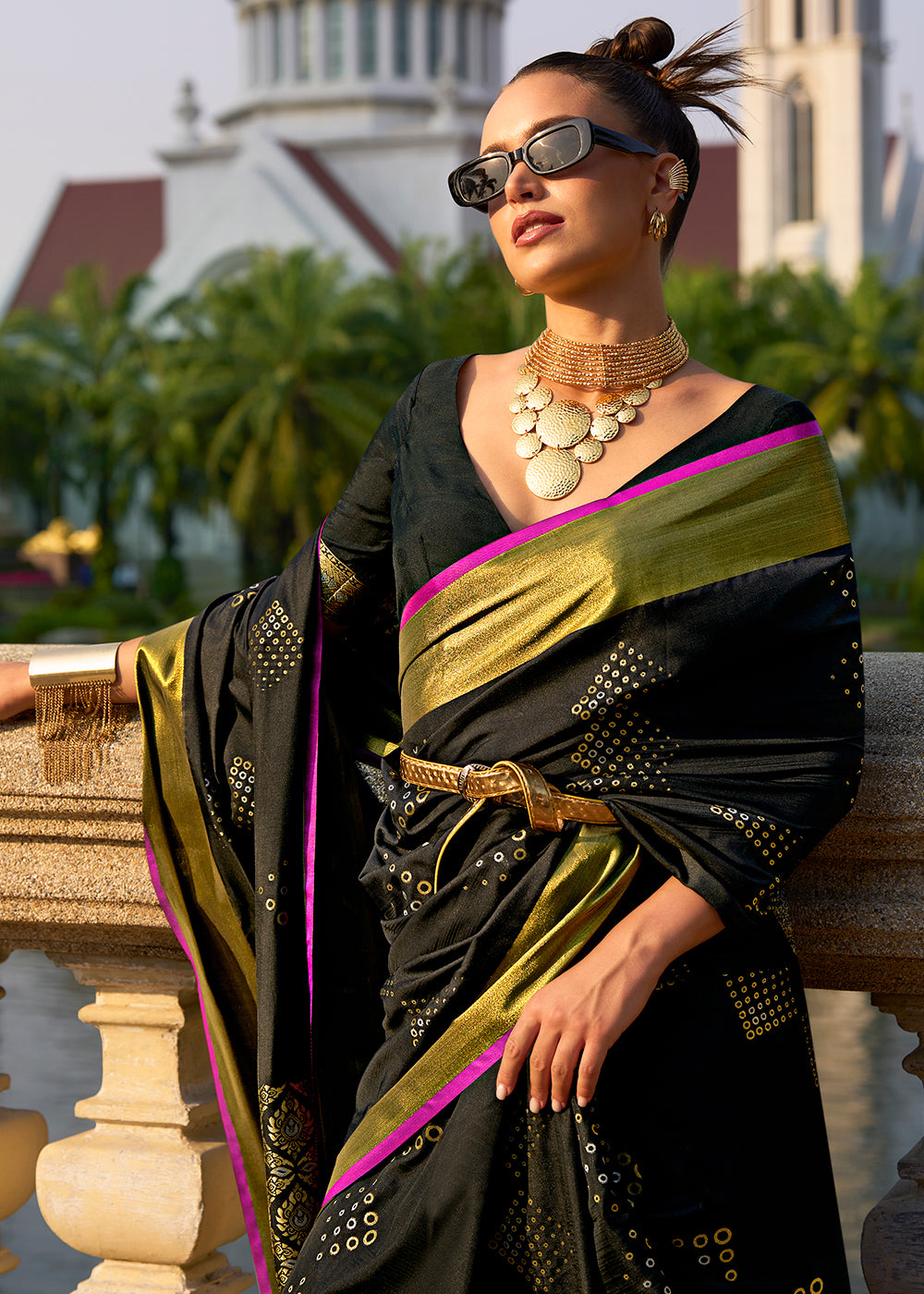 Midnight Black Handloom Satin Silk Saree - Woven to Perfection