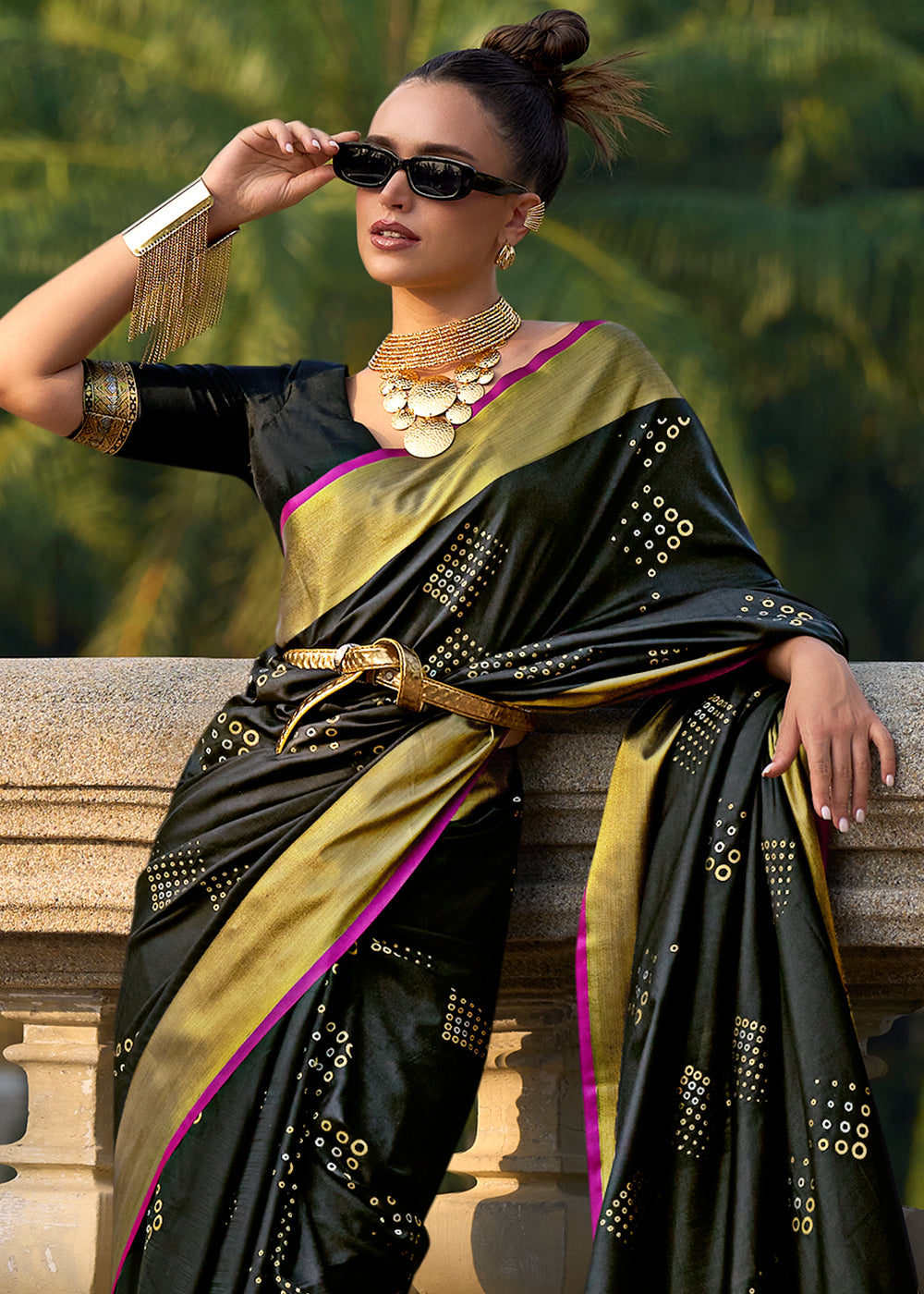 Midnight Black Handloom Satin Silk Saree - Woven to Perfection