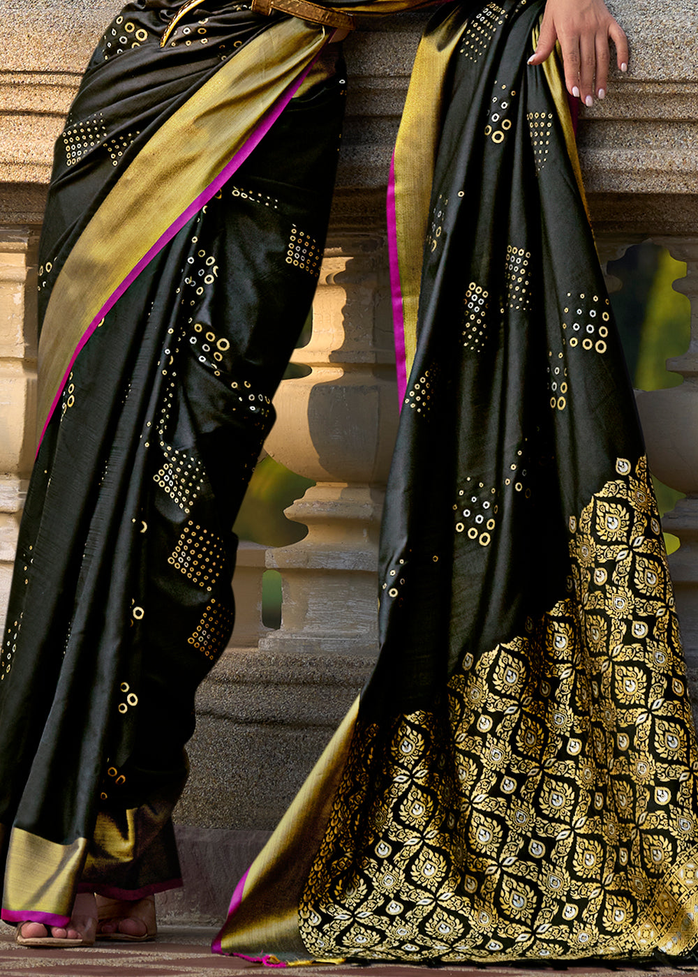 Midnight Black Handloom Satin Silk Saree - Woven to Perfection