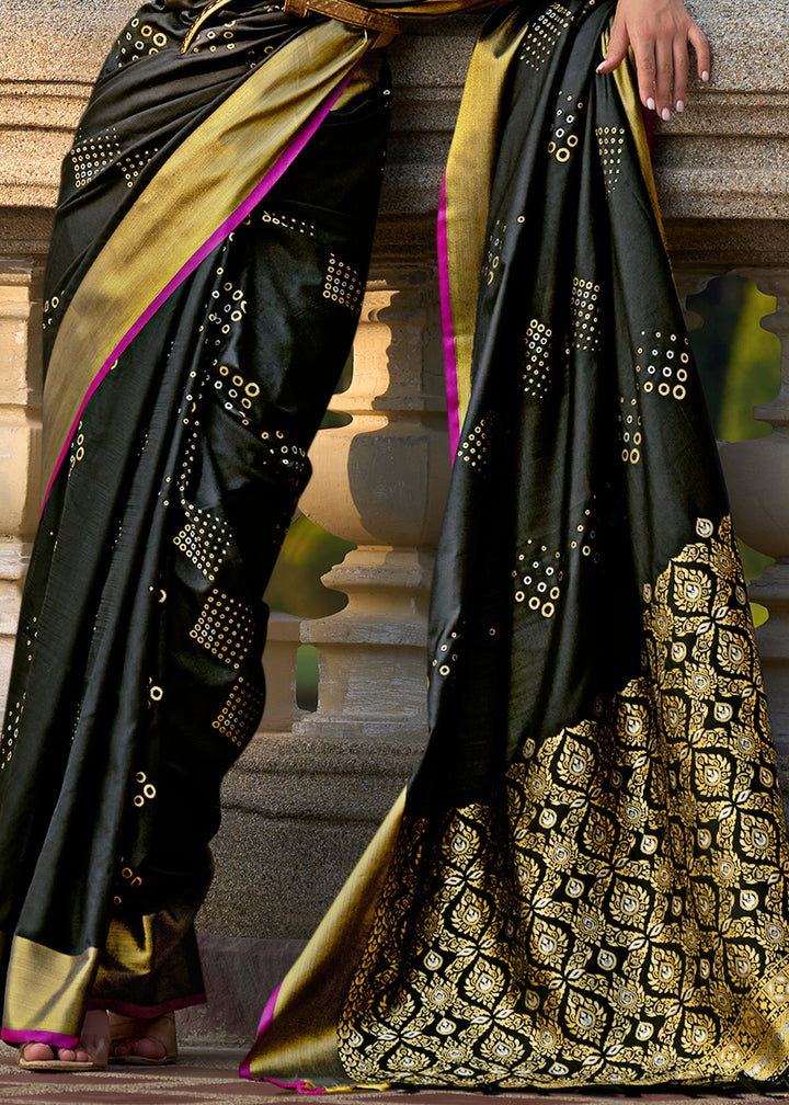 Midnight Black Handloom Satin Silk Saree - Woven to Perfection