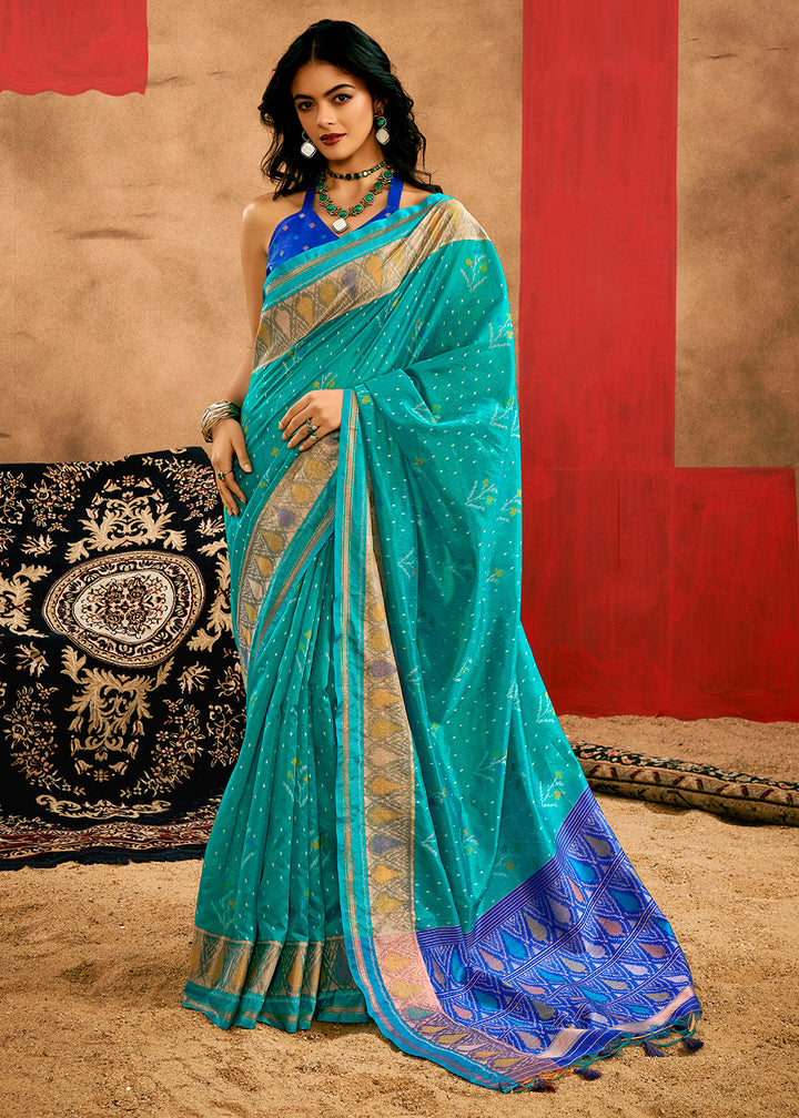 Pacific Blue Patola Silk Saree with Intricate Design