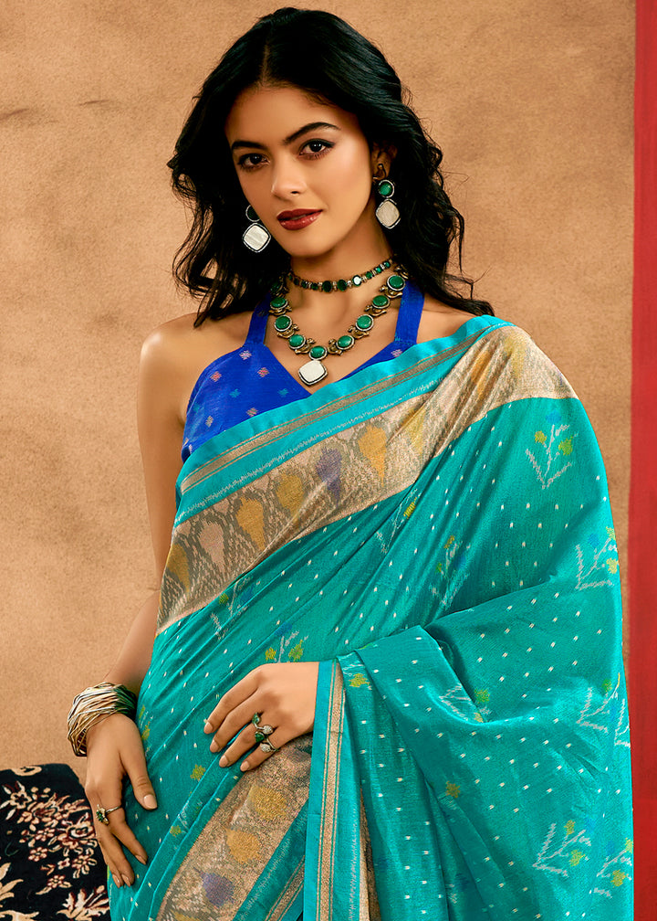 Pacific Blue Patola Silk Saree with Intricate Design