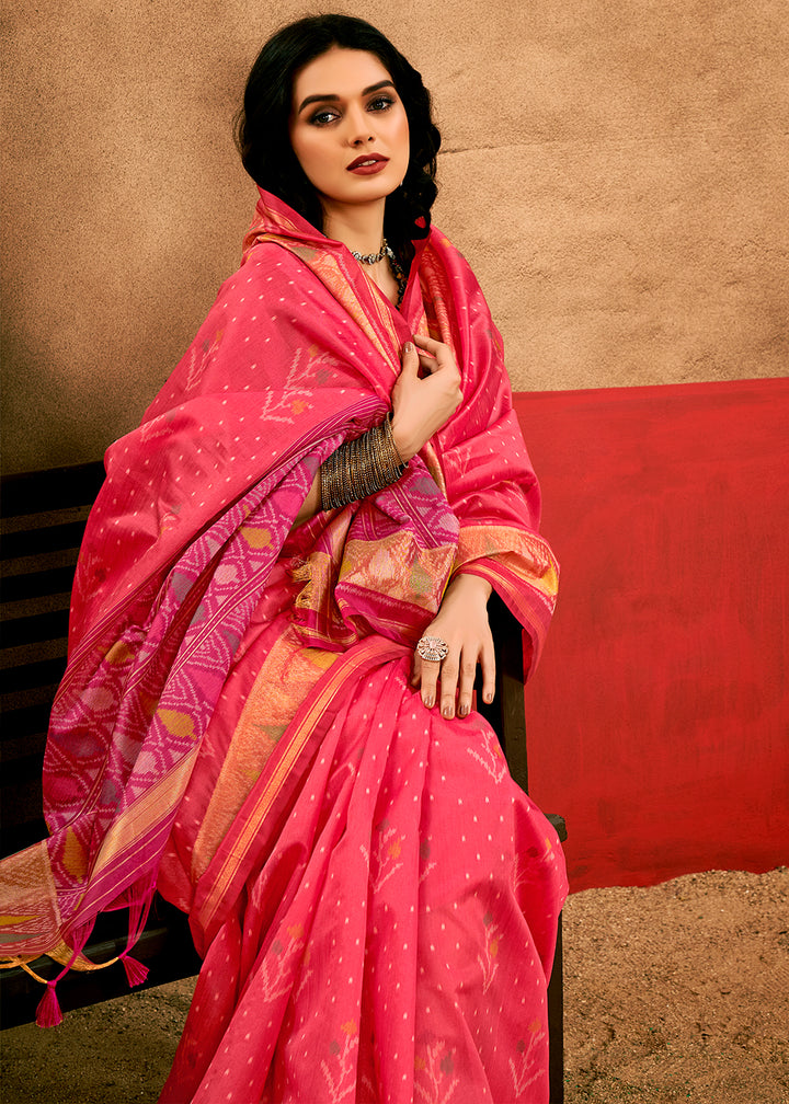 Brink Pink Patola Silk Saree with Intricate Design