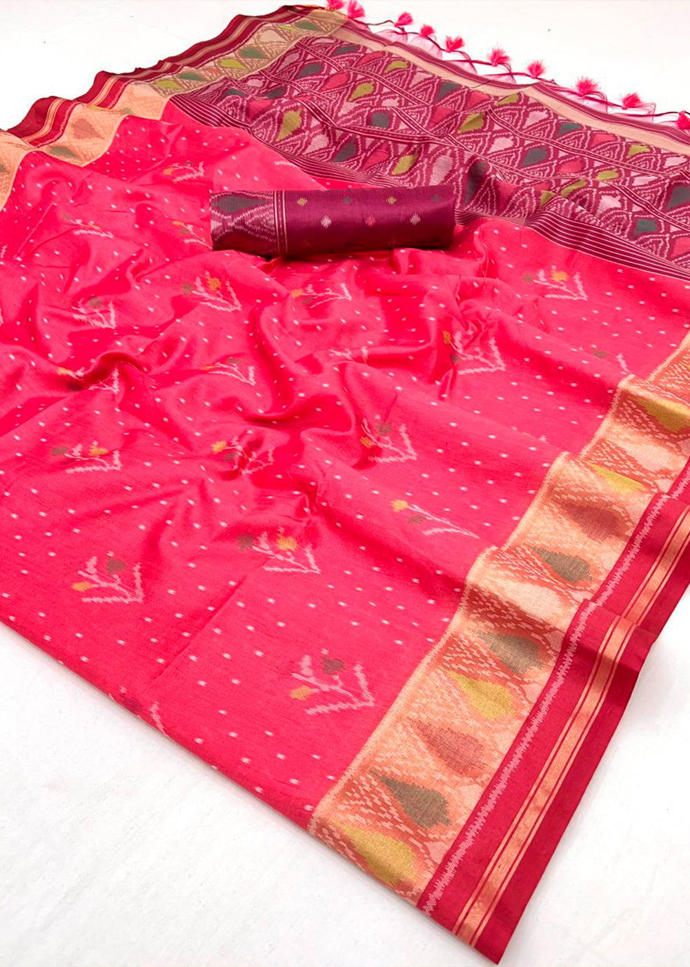 Brink Pink Patola Silk Saree with Intricate Design