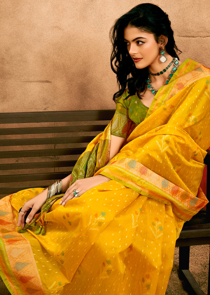 Saffron Yellow Patola Silk Saree with Intricate Design