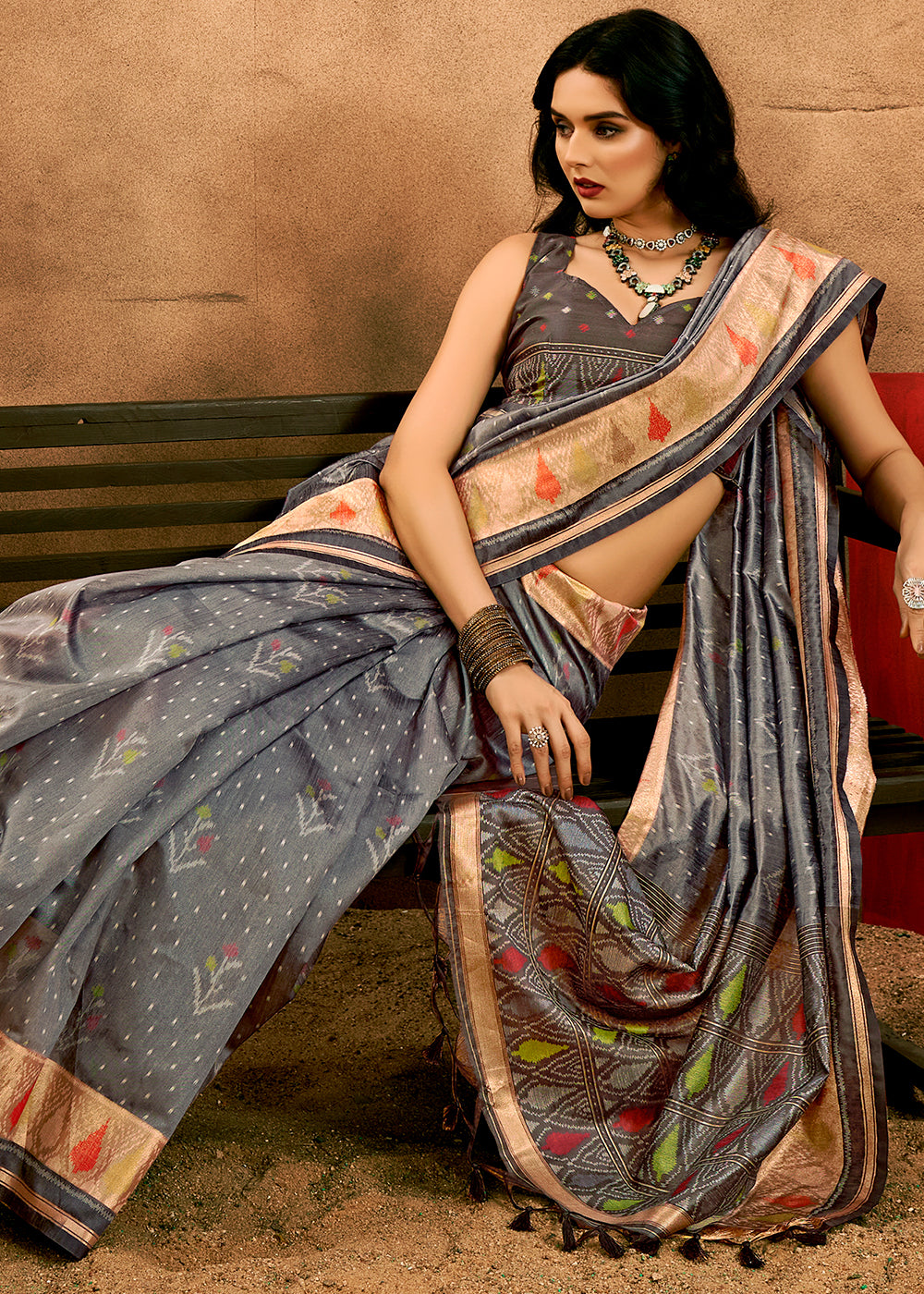 Steel Grey Patola Silk Saree with Intricate Design