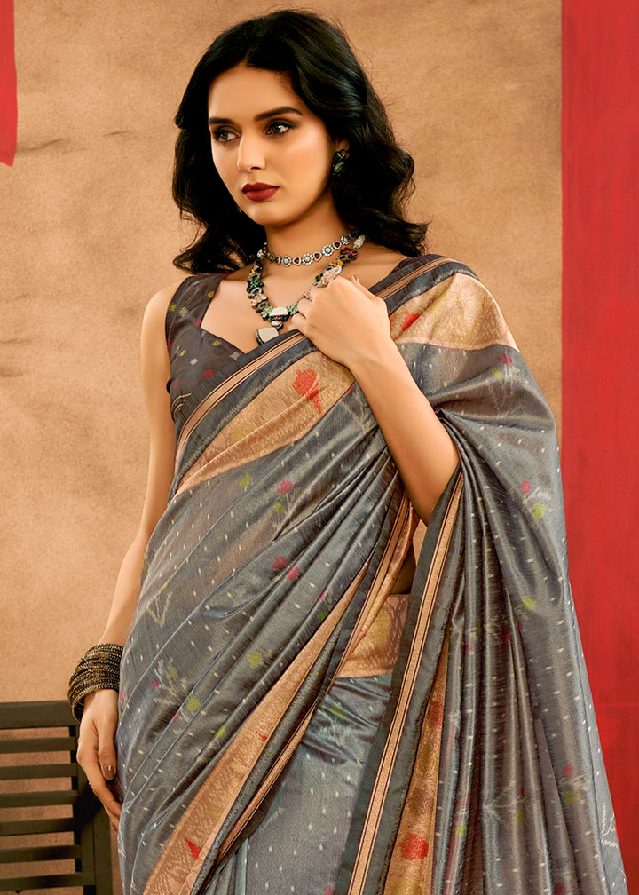 Steel Grey Patola Silk Saree with Intricate Design