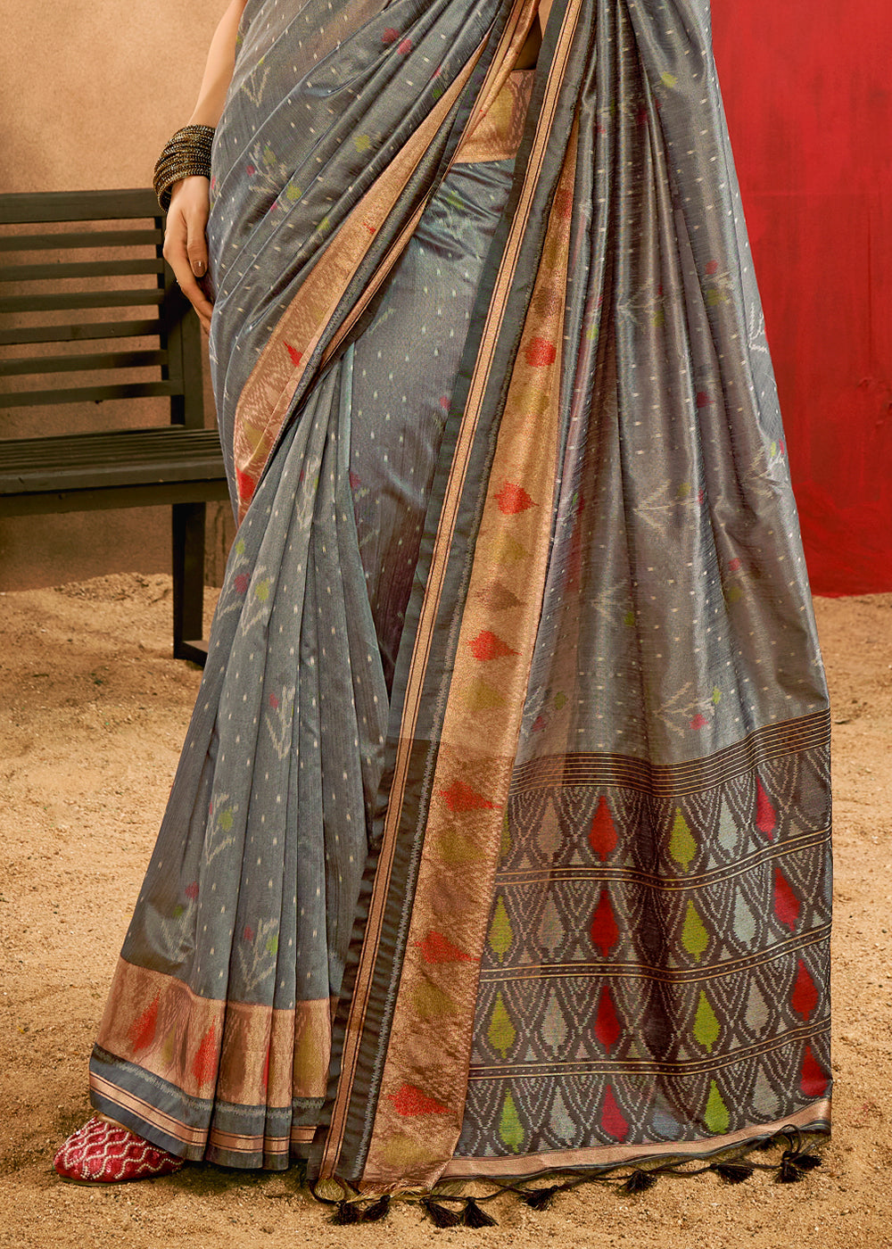 Steel Grey Patola Silk Saree with Intricate Design