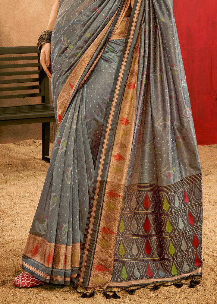 Steel Grey Patola Silk Saree with Intricate Design