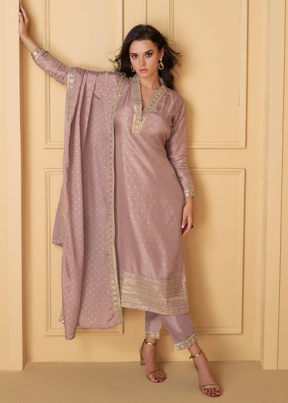 Opera Mauve Purple Embroidered Salwar Suit in Viscose Jacquard Silk