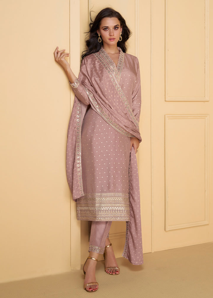 Opera Mauve Purple Embroidered Salwar Suit in Viscose Jacquard Silk