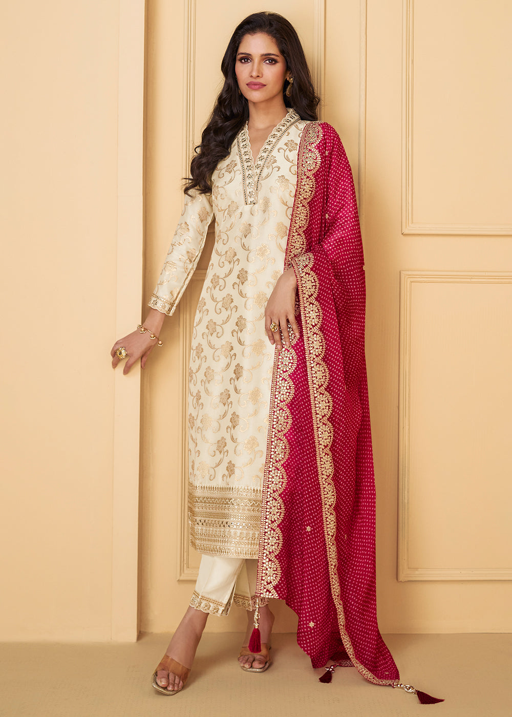 Pearl White Embroidered Salwar Suit in Viscose Jacquard Silk