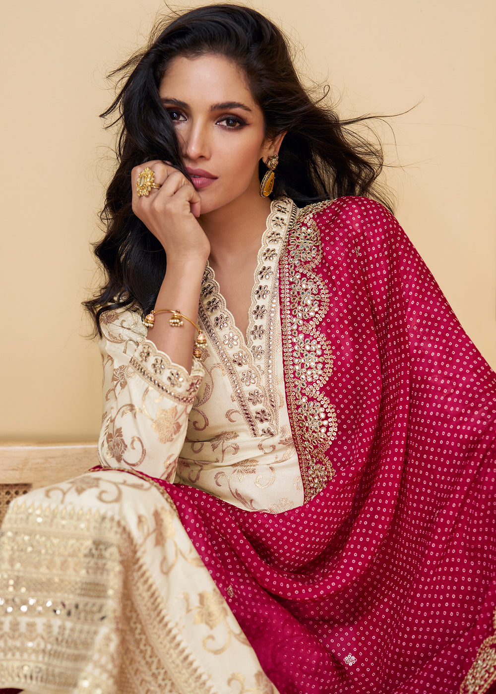 Pearl White Embroidered Salwar Suit in Viscose Jacquard Silk