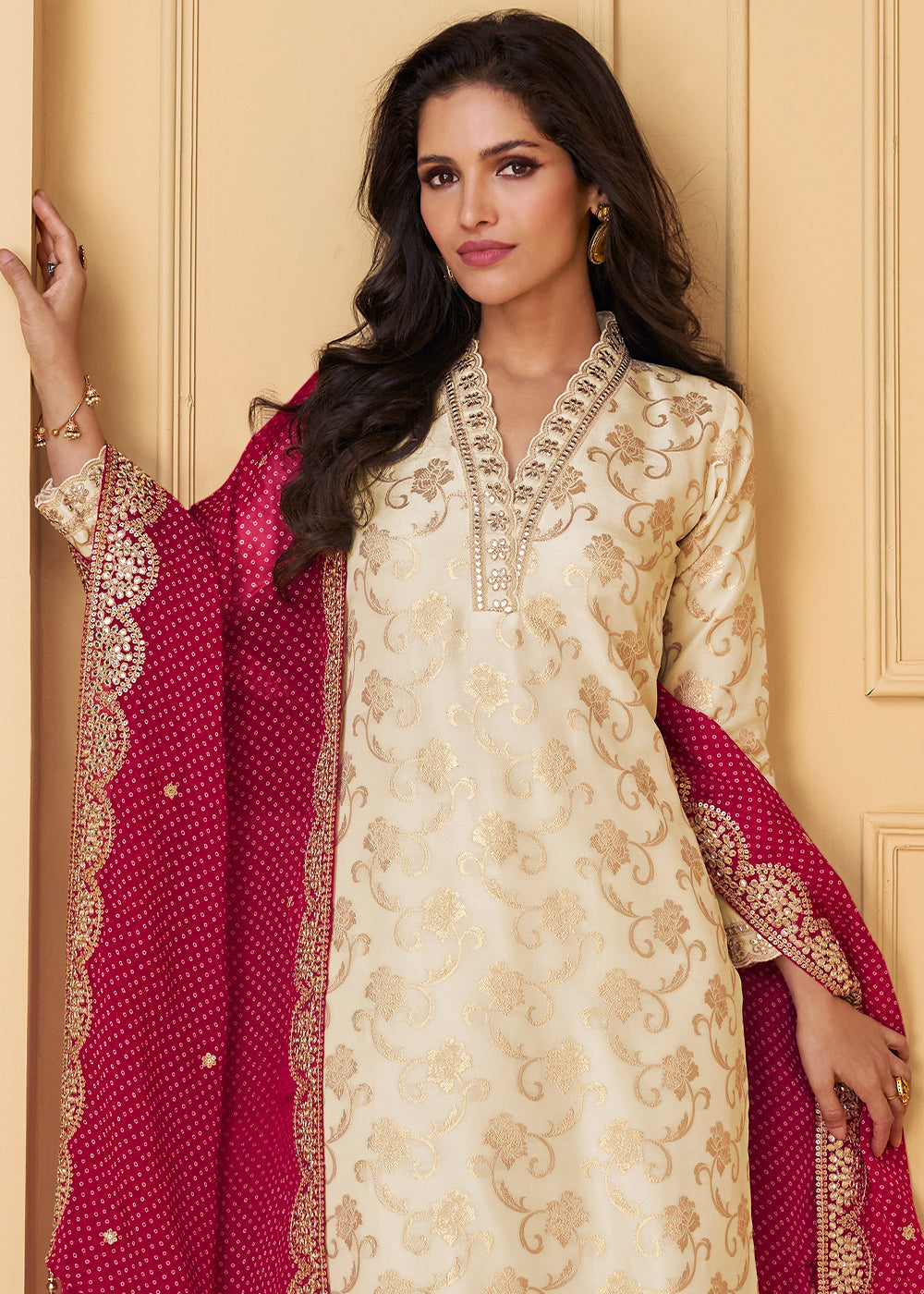 Pearl White Embroidered Salwar Suit in Viscose Jacquard Silk