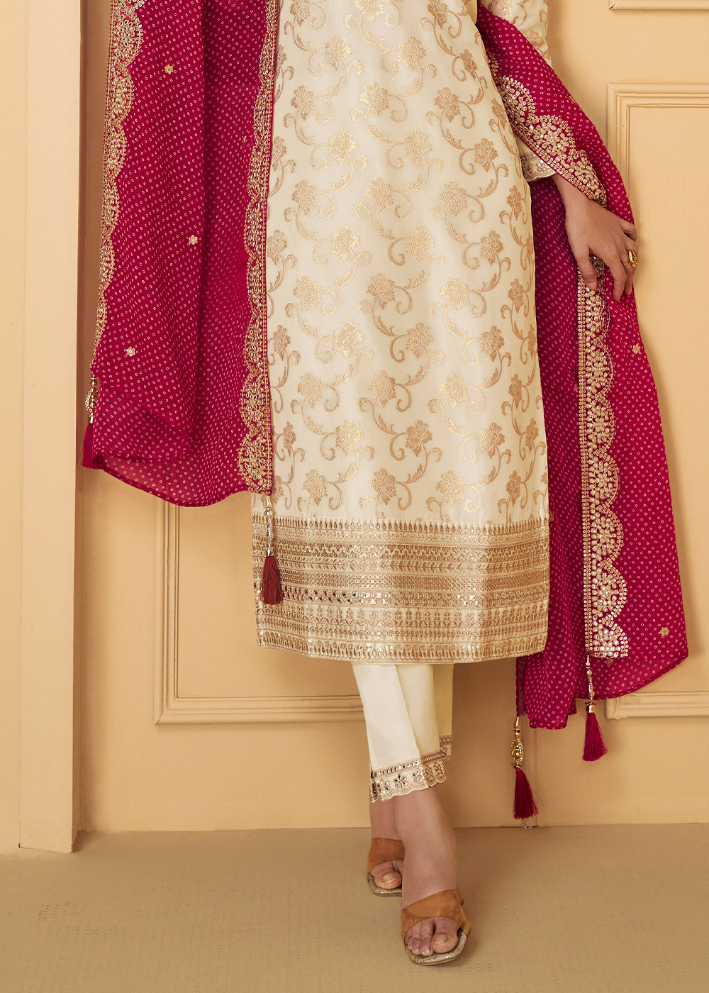 Pearl White Embroidered Salwar Suit in Viscose Jacquard Silk