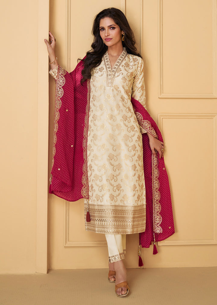 Pearl White Embroidered Salwar Suit in Viscose Jacquard Silk