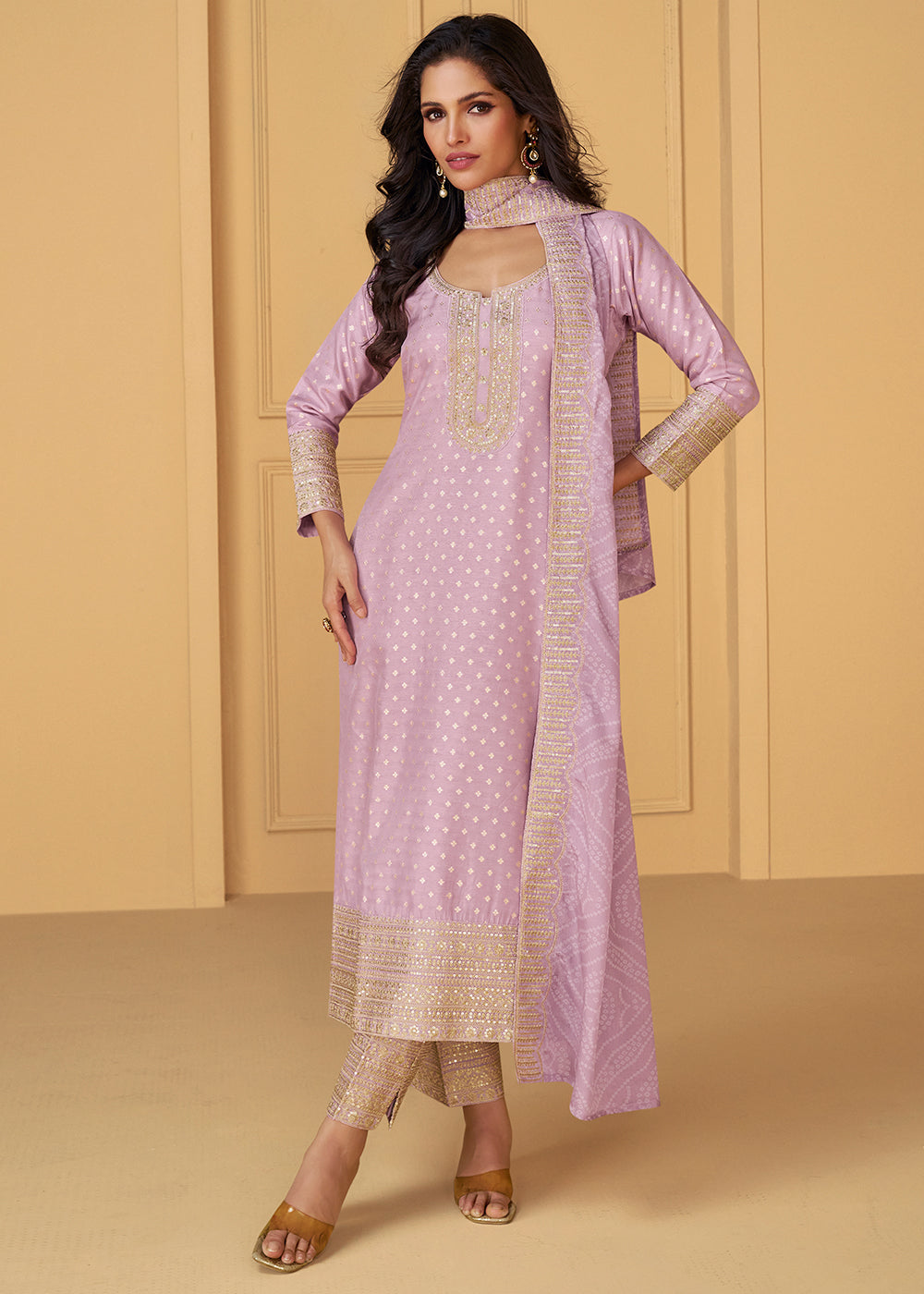 Lavender Purple Embroidered Salwar Suit in Viscose Jacquard Silk