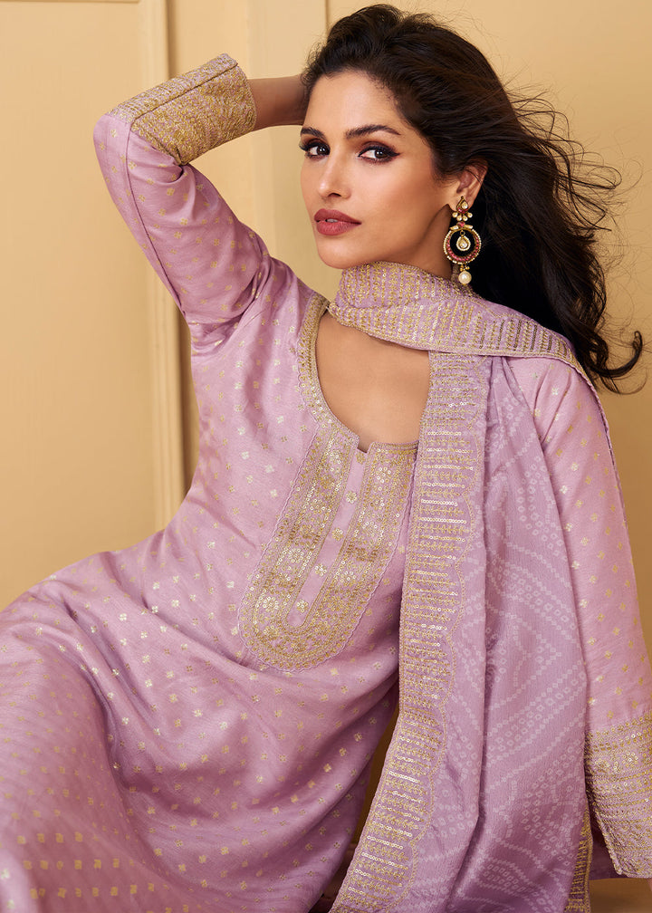 Lavender Purple Embroidered Salwar Suit in Viscose Jacquard Silk