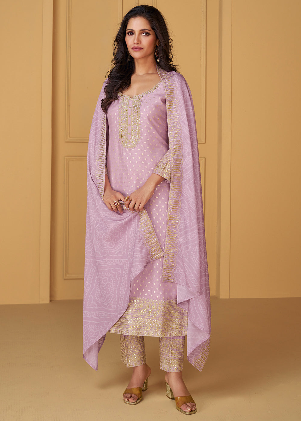 Lavender Purple Embroidered Salwar Suit in Viscose Jacquard Silk