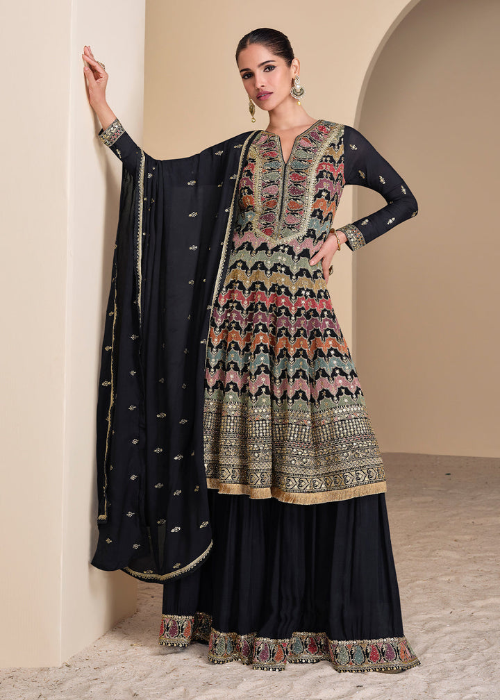 Charcoal Black Georgette Palazzo Suit Adorned with Embroidery