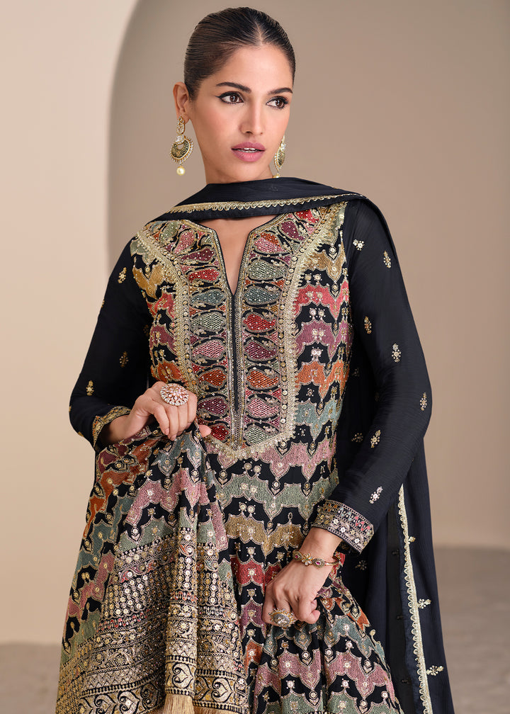 Charcoal Black Georgette Palazzo Suit Adorned with Embroidery