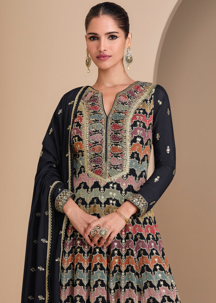 Charcoal Black Georgette Palazzo Suit Adorned with Embroidery