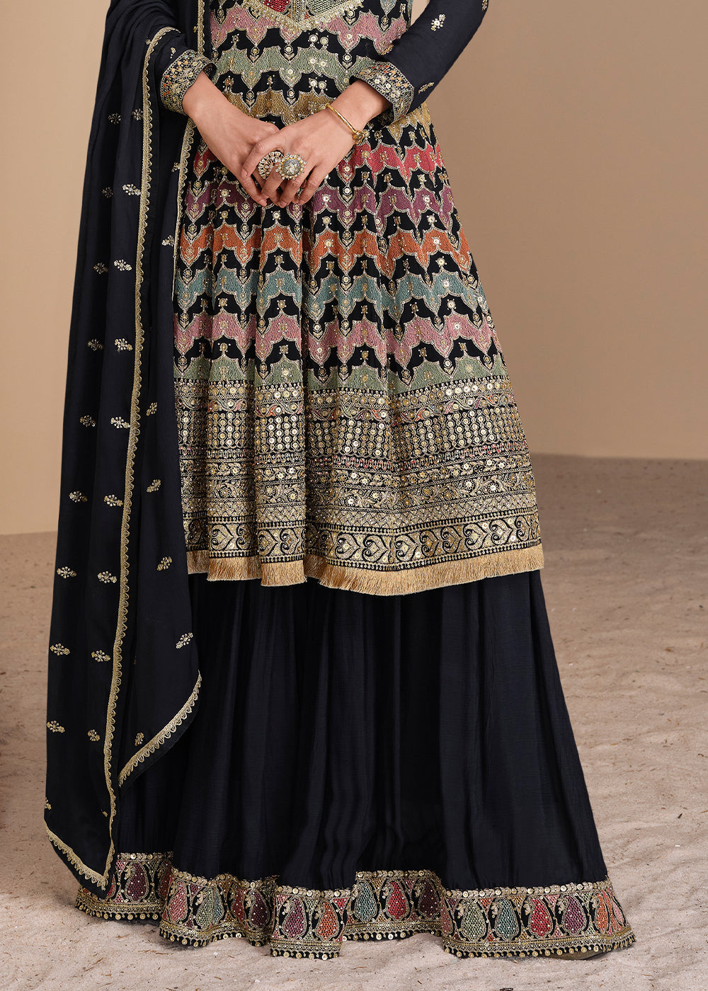 Charcoal Black Georgette Palazzo Suit Adorned with Embroidery