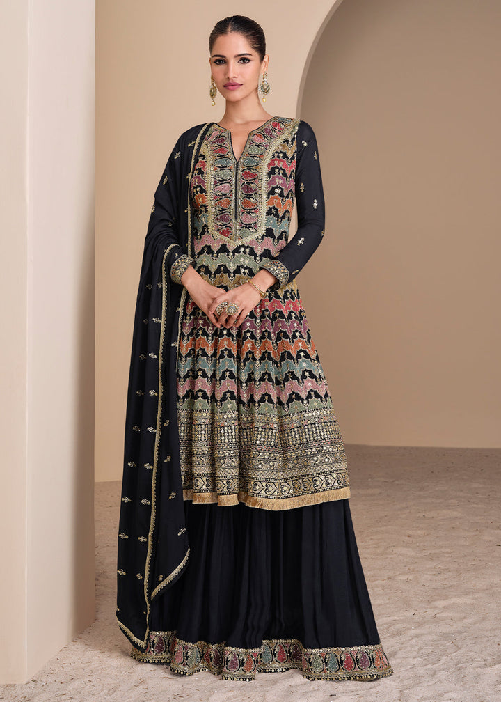 Charcoal Black Georgette Palazzo Suit Adorned with Embroidery