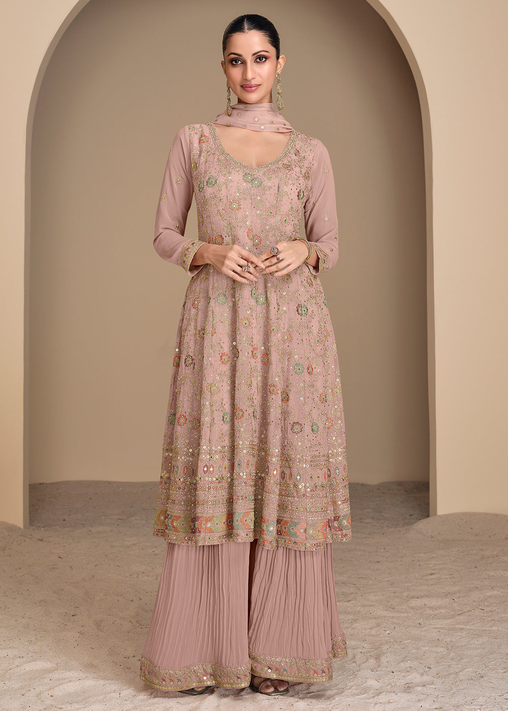 Oyster Pink Georgette Palazzo Suit Adorned with Embroidery