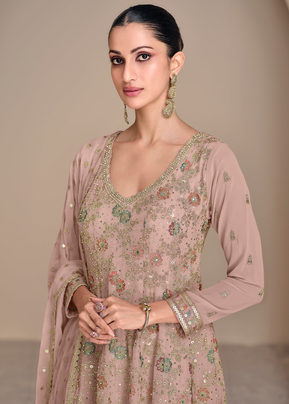 Oyster Pink Georgette Palazzo Suit Adorned with Embroidery