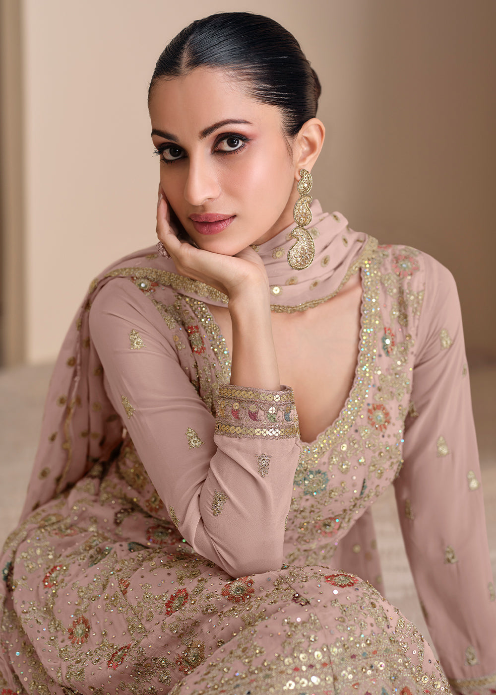 Oyster Pink Georgette Palazzo Suit Adorned with Embroidery