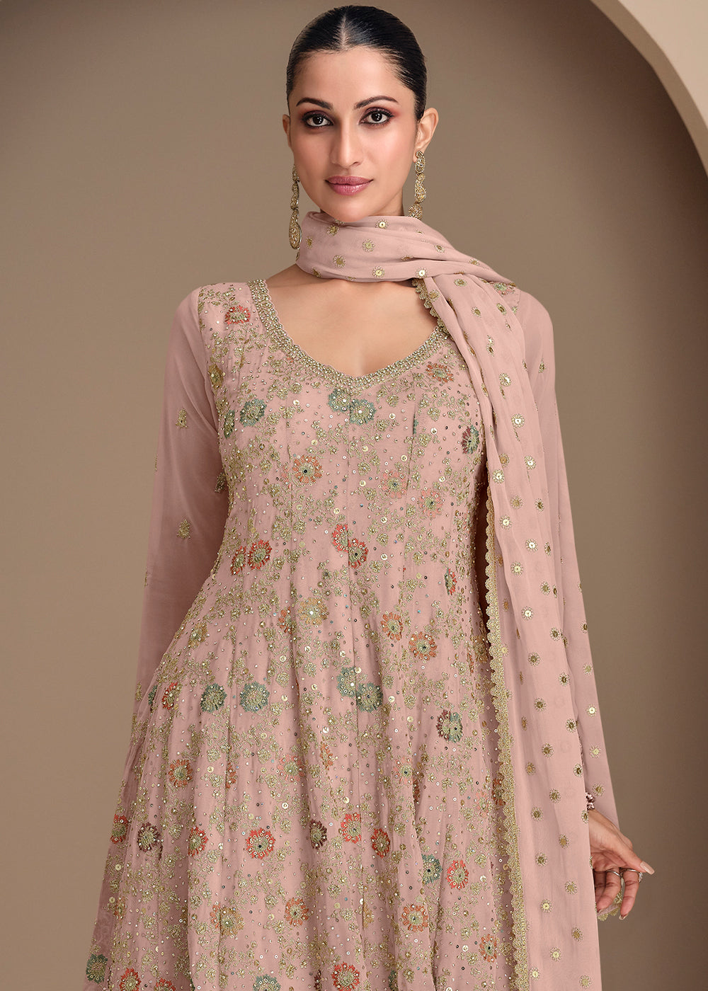 Oyster Pink Georgette Palazzo Suit Adorned with Embroidery