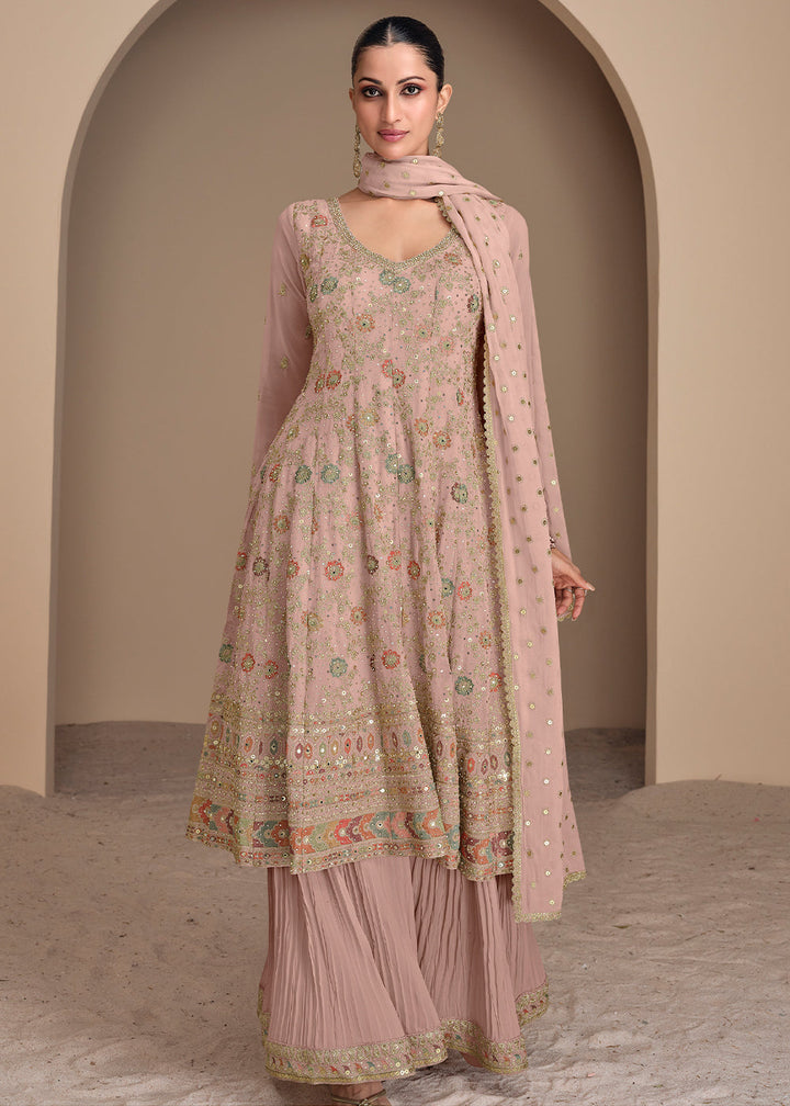 Oyster Pink Georgette Palazzo Suit Adorned with Embroidery