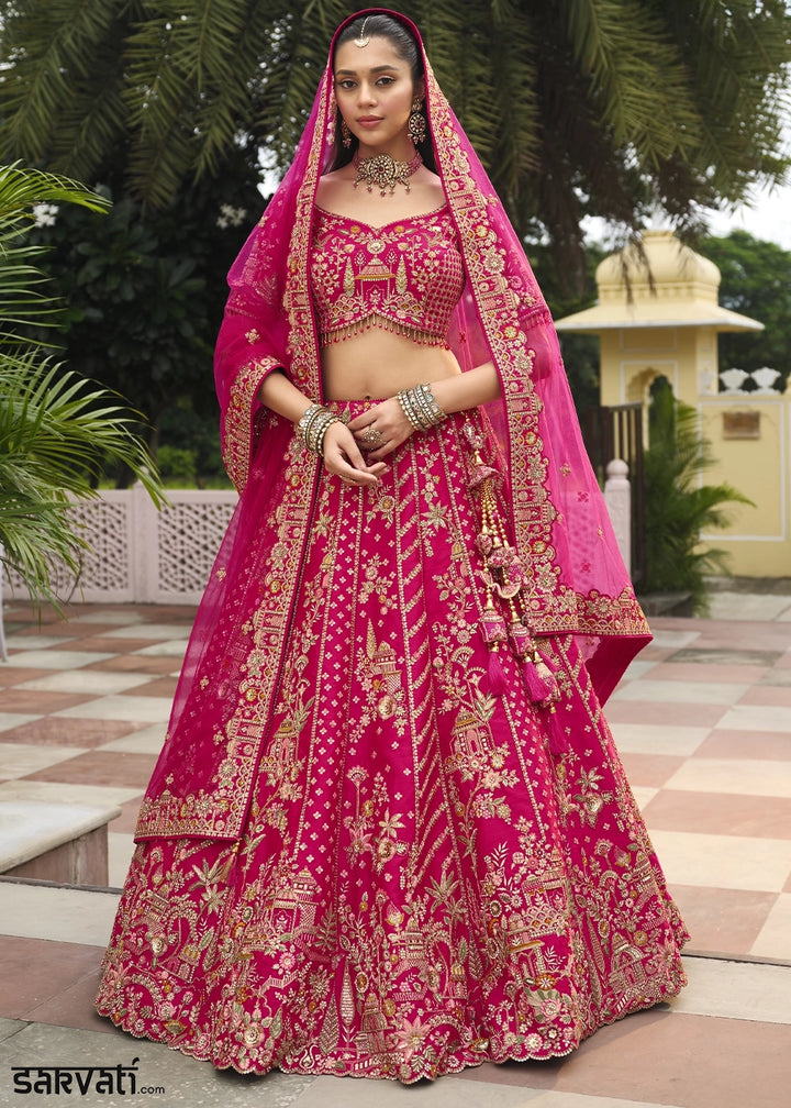 Magenta Pink Banarasi Silk Bridal Lehenga with Exquisite Khatli & Hand Embroidery