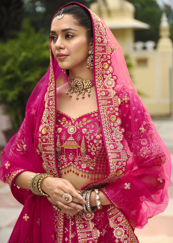 Magenta Pink Banarasi Silk Bridal Lehenga with Exquisite Khatli & Hand Embroidery